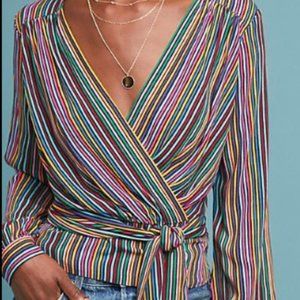 MAEVE anthropologie lisa faux wrap striped colorful blouse size 0